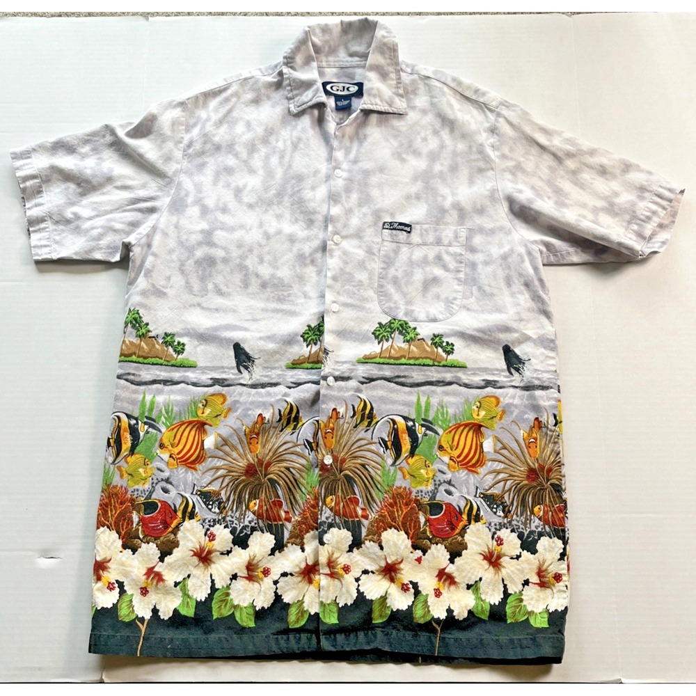 GJC St.Thomas Men Short Sleeve Button Up Shirt Tropical Fish Hibiscus Flowers LG